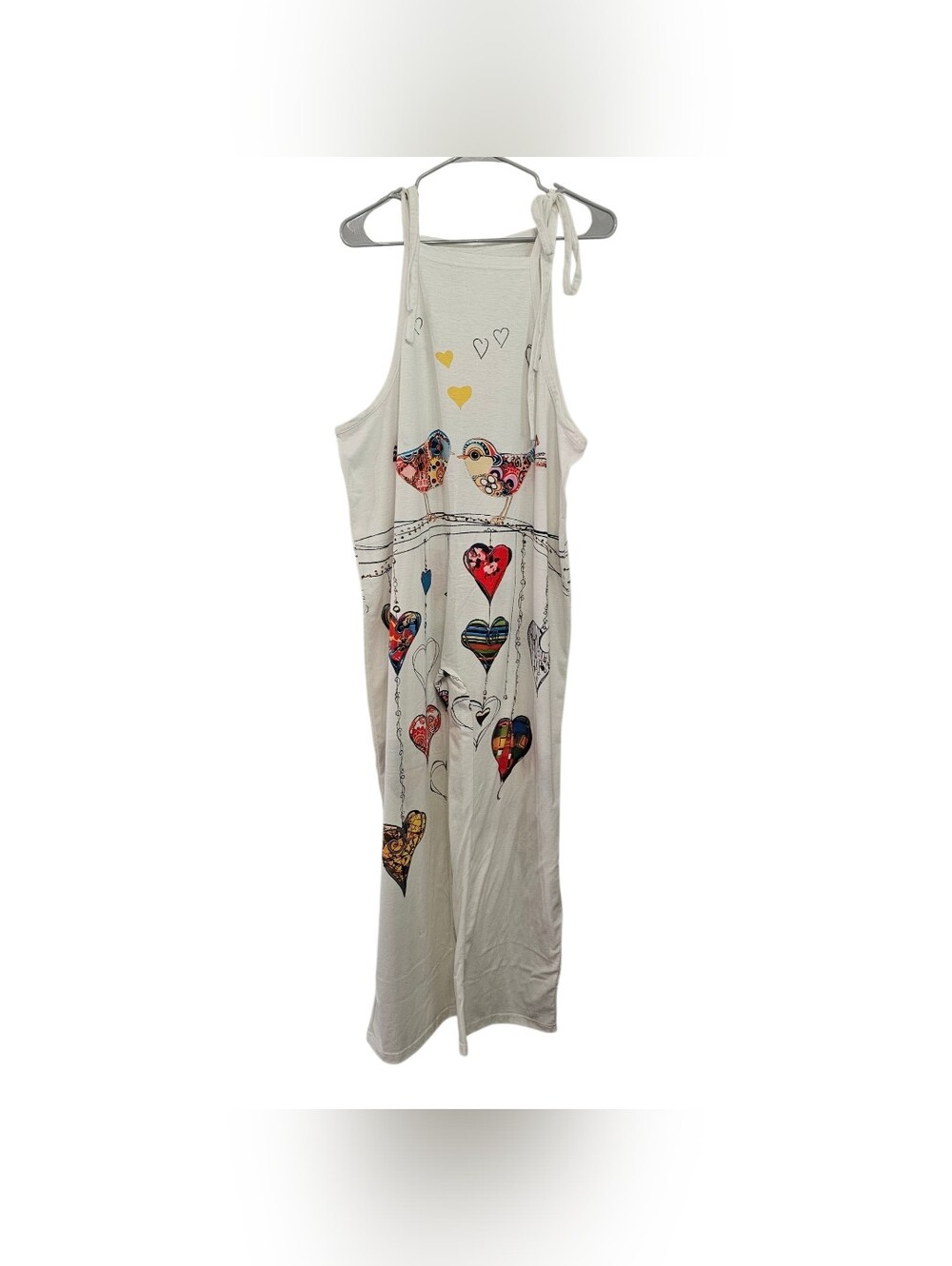 Boho Bird Heart Print Jumpsuit Women Size XXL White Graphic Tie Strap Overalls - Picture 2 of 9
